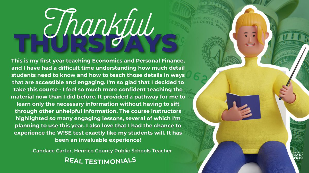🍎📝 Thankful Thursday Feature: Candace Carter's Journey with VCEE 

Candace Carter, a first-year Economics and Personal Finance teacher, credits VCEE for transformative support, enabling confident navigation of complexities and crafting engaging lessons.

#empoweringeducators