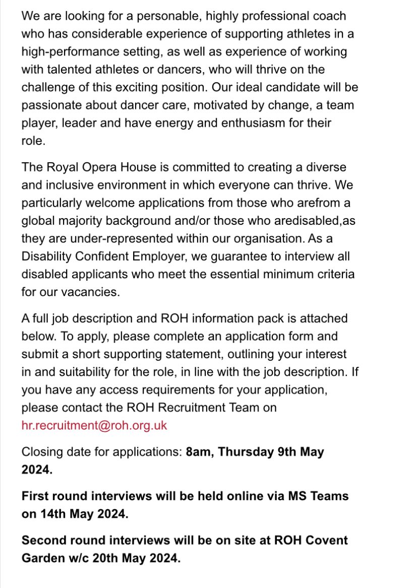 Opportunity for a Strength and Conditioning Coach to come and work with us at The Royal Ballet 🩰 🏋️‍♂️

📍 Royal Opera House, Covent Garden, London

💰 £46,500

🗓️ Closes 8 AM, 9th May 2024

A great role, and an amazing place to work: recruitment.roh.org.uk/vacancyView.ph…
