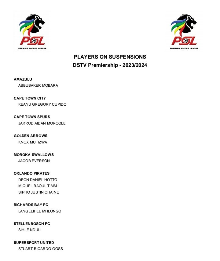 𝗦𝗨𝗦𝗣𝗘𝗡𝗗𝗘𝗗 The players suspended for the weekend #DStvPrem matches. ❌ Sipho Chaine ❌ Deon Hotto ❌ Miguel Timm ❌ Abbubaker Mobara ❌ Keanu Cupido ❌ Jarrod Moroole ❌ Knox Mutizwa ❌ Langelihle Mhlongo ❌ Sihle Nduli ❌ Ricardo Goss ❌ Jacob Everson…
