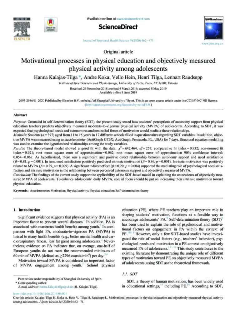 Motivational processes in physical education and objectively measured physical activity among adolescents - Physical education teachers predicts objectively measured moderate-to-vigorous physical activity (MVPA) of adolescents. psch.la/3U6QxIk