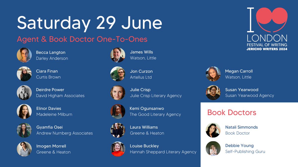 Meet with an agent this June at the London Festival of Writing ✍️📚

@becca_langton @iamciarafinan Deirdre Power @Elinor22Mair @gyamfia_o @imogen_morrell @agentandagent @JonCurzon @julieacrisp @Kemi_Oguns @laurabirdland @LouiseMBuckley @MeganACarroll @sya_susan #LFOW24