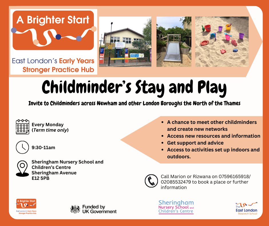 📢Childminders across Newham and other London boroughs
🏫Join our childminder stay and play sessions run by @Honeyschildcare @SheringhamNurs1 
🧡Network and bring your children along!👥
📅Monday from 9:30-11am

@ncbtweets @MarionSamu38193 
#childminders #children #abrighterstart