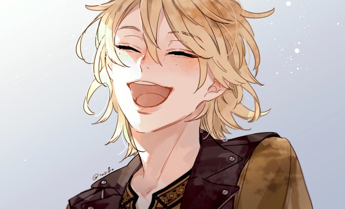 solo smile open mouth short hair shirt blonde hair 1boy  illustration images