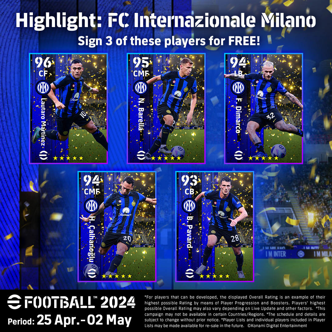 Forza @Inter! 🔵⚫ A new Highlight campaign is now live in #eFootball, celebrating the newly crowned Italian Champions! 🇮🇹🏆 Head in-game to add 3️⃣ of these interisti to your Dream Team squad for FREE! #IM2Stars