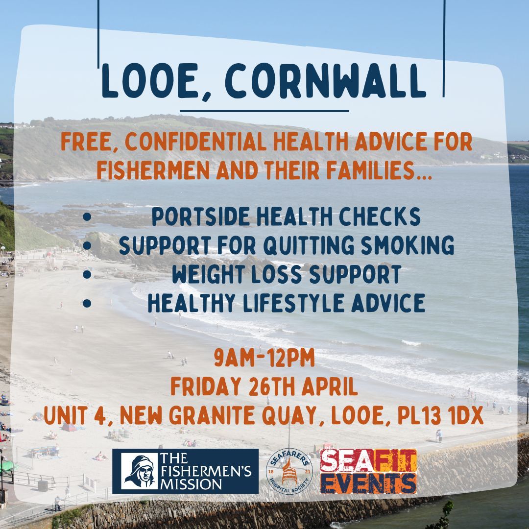 Don’t forget that the #SeaFit team will be on hand tomorrow in Looe from 9am-12pm, along with health professionals from Healthy Cornwall to provide free, confidential health checks and advice to fishermen and their families. @thefishmish @FishMishSeaFit @HealthCornwall #SeaFit