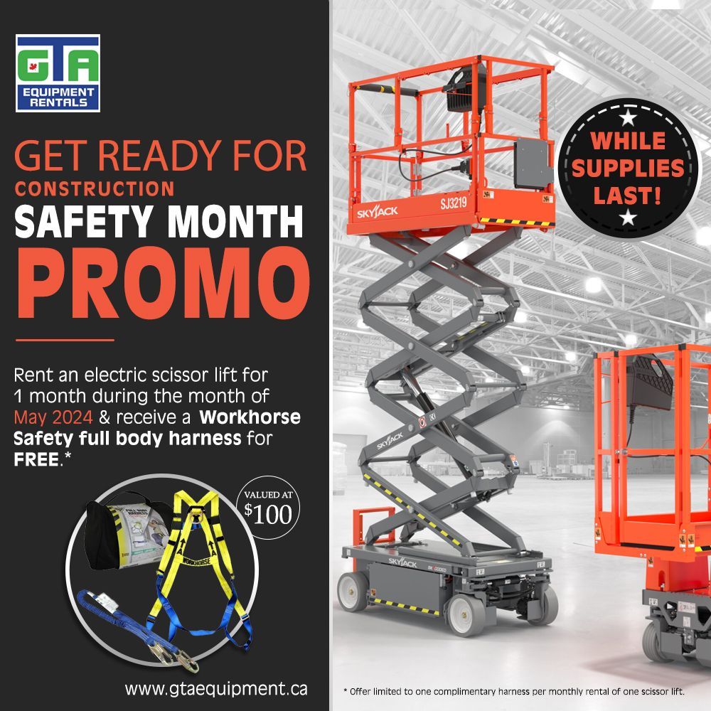 Construction safety month is almost here!👷 May Promo: FREE safety harness (valued at $100) with every monthly electric scissor lift rental! Support workplace safety! 🦺

#constructionsafety #equipmentrental #safetygear #electricians #eventplanners #oakville #rentalequipment
