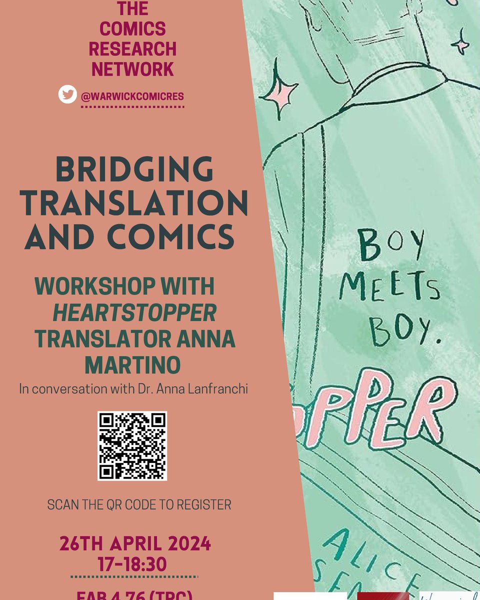 +++TOMORROW+++ Bridging Translation and Comics Workshop with ‘Heartstopper’ Translator Anna Martino In conversation with Dr. Anna Lanfranchi 26 April 2024, 17-18:30, FAB 4.76 (TRC) Register here: buff.ly/3JuyAhT