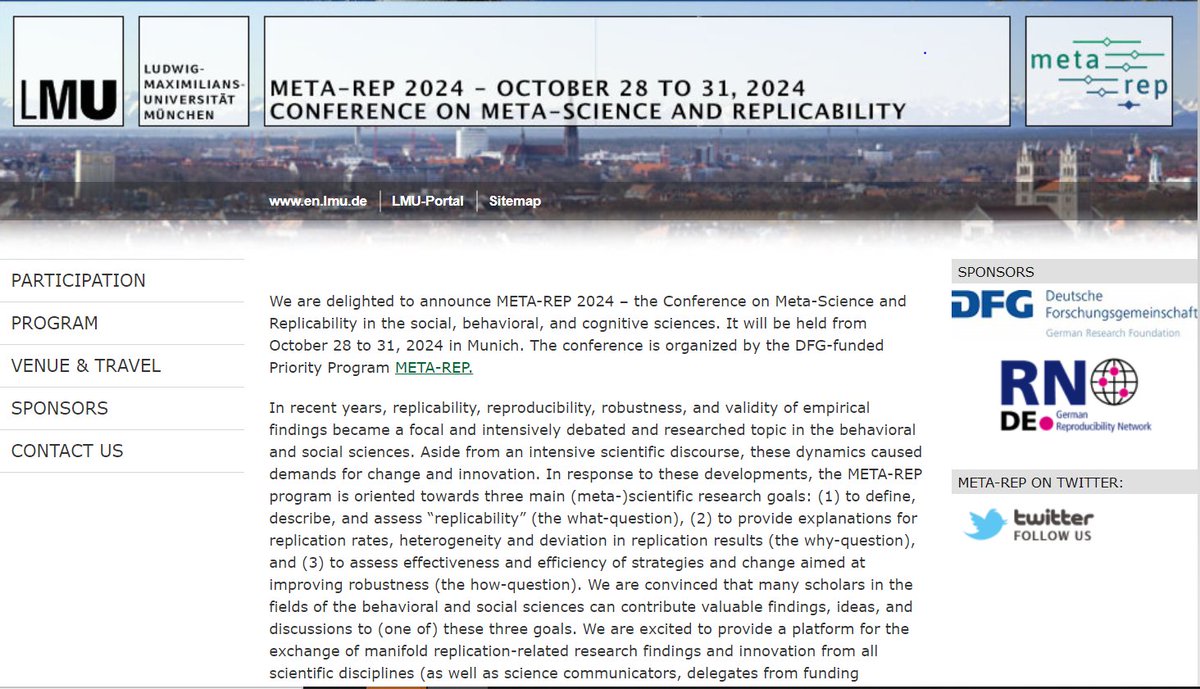 Come to Munich in October for this conference on meta-science and replication, powered by @meta_rep. Submit until April 30! …nference2024.meta-rep.uni-muenchen.de/index.html