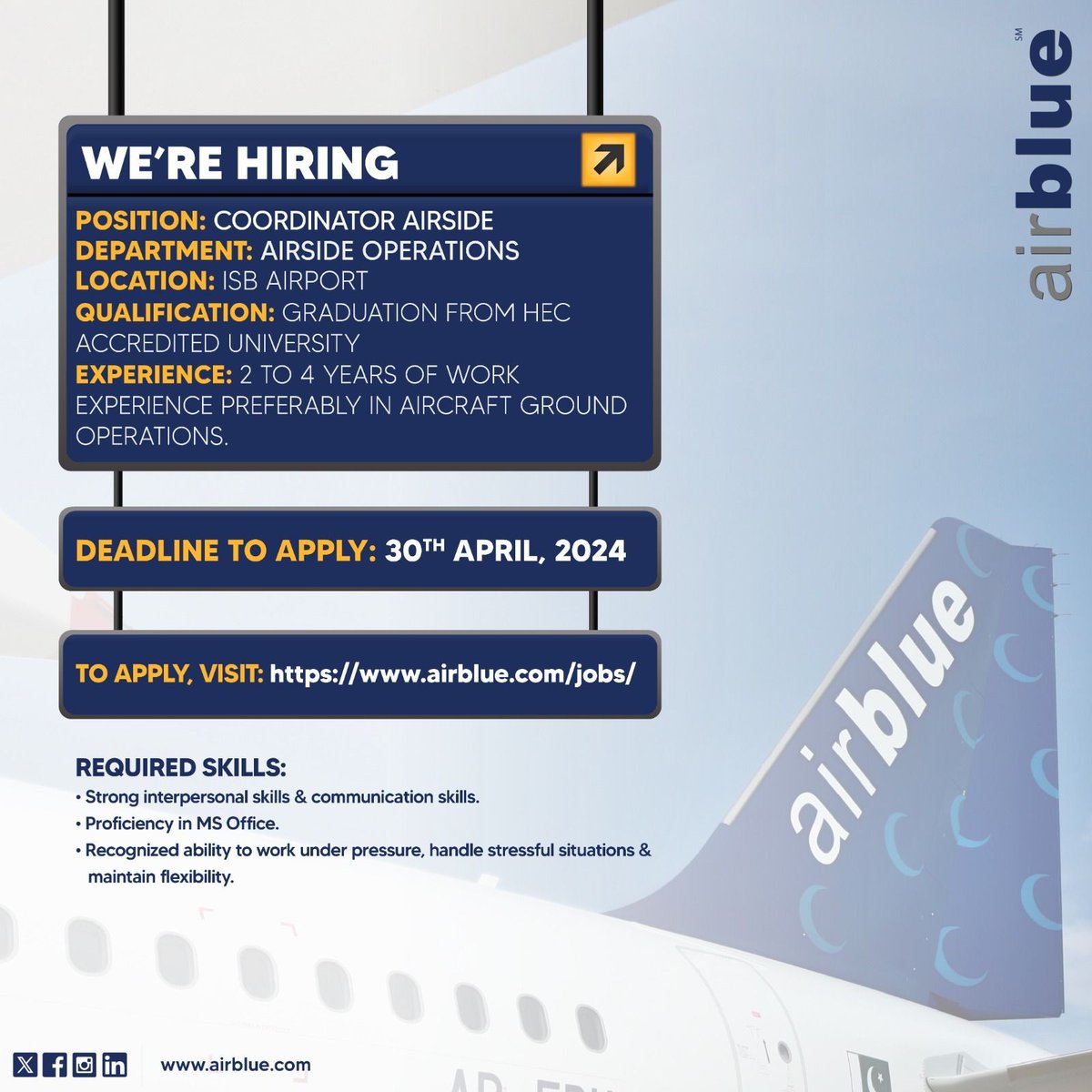 This is your chance to join our team. Position: Coordinator Airside Location: Islamabad Deadline: 30th April 2024 To apply, visit: airblue.com/jobs/ #airblue #hiringalert #airbluejobs #hiringnow