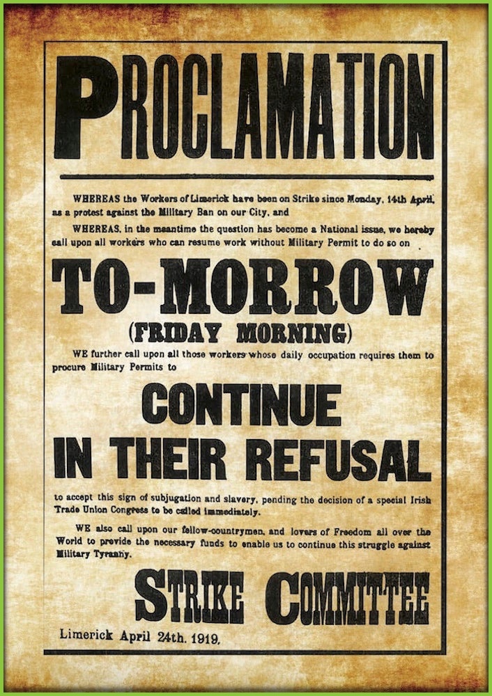 LimerickMuseum's tweet photo. Today in 1919..
"The Limerick Soviet" ends after two weeks, when Mayor O’Mara and Bishop Hallinan called for the Strike to end, and the Strike Committee issued a Proclamation on 27th April stating that the Strike was over.
#Limerick #LimerickSoviet #OTD https://t.co/fd6uA9hNHw