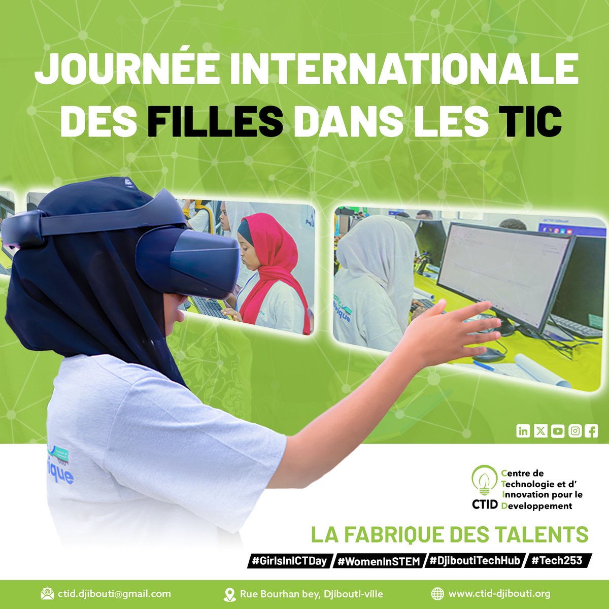 DjiboutiTechHub's tweet photo. 📢𝐉𝐨𝐮𝐫𝐧é𝐞 𝐢𝐧𝐭𝐞𝐫𝐧𝐚𝐭𝐢𝐨𝐧𝐚𝐥𝐞 𝐝𝐞𝐬 𝐣𝐞𝐮𝐧𝐞𝐬 𝐟𝐢𝐥𝐥𝐞𝐬 𝐝𝐚𝐧𝐬 𝐥𝐞 𝐬𝐞𝐜𝐭𝐞𝐮𝐫 𝐝𝐞𝐬 𝐓𝐈𝐂🇩🇯

🗓️👩🏿‍💻En cette Journée internationale des jeunes filles dans les TIC, célébrons ensemble nos jeunes talents féminins et surtout continuons à les 𝐞𝐧𝐜𝐨𝐮𝐫𝐚𝐠𝐞𝐫, les 𝐢𝐧𝐬𝐩𝐢𝐫𝐞𝐫 et les 𝐚𝐜𝐜𝐨𝐦𝐩𝐚𝐠𝐧𝐞𝐫 dans ce secteur majeur pour leur permettre de s'épanouir et développer des solutions adaptées aux besoins réels de nos populations🇩🇯💫

#Djibouti #GirlsinICTDay #WomeninStem  #LaFabriqueDeTalents #Tech253 #CaravaneDuNumerique #Code4Youth #FGC