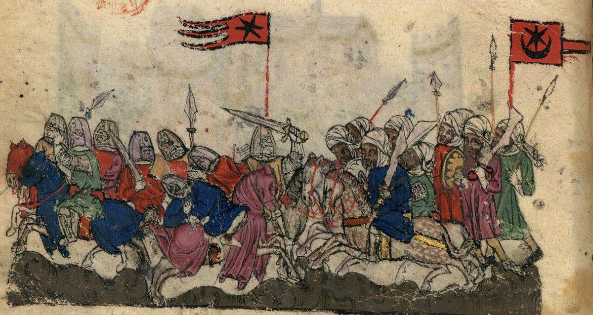 @mstftarik86 Yarmouk Muharebesi’nde ( Tatarların Tarihinin el yazması resmi , Katalan atölyesi, 14. yüzyılın başlarında) Saracen tarafında bir yıldız ve hilal bayrağı tasviri