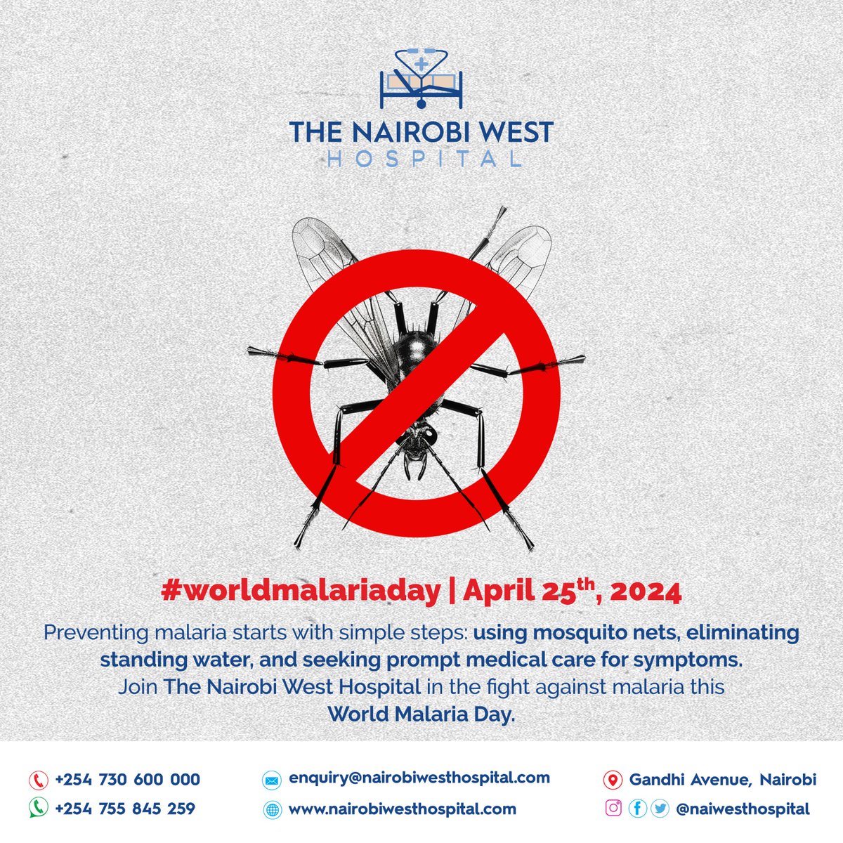 On this #WorldMalariaDay2024, The Nairobi West Hospital stands united in the global fight against malaria. Preventing malaria starts with simple steps: using mosquito nets, eliminating standing water, & seeking prompt medical care for symptoms. Together we can end Malaria.
