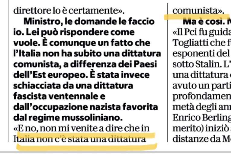 No, non c’e stata nessuna dittatura comunista in Italia. Che lo sostenga un ministro della cultura è segno di ignoranza della storia. E di molto altro #sangiuliano