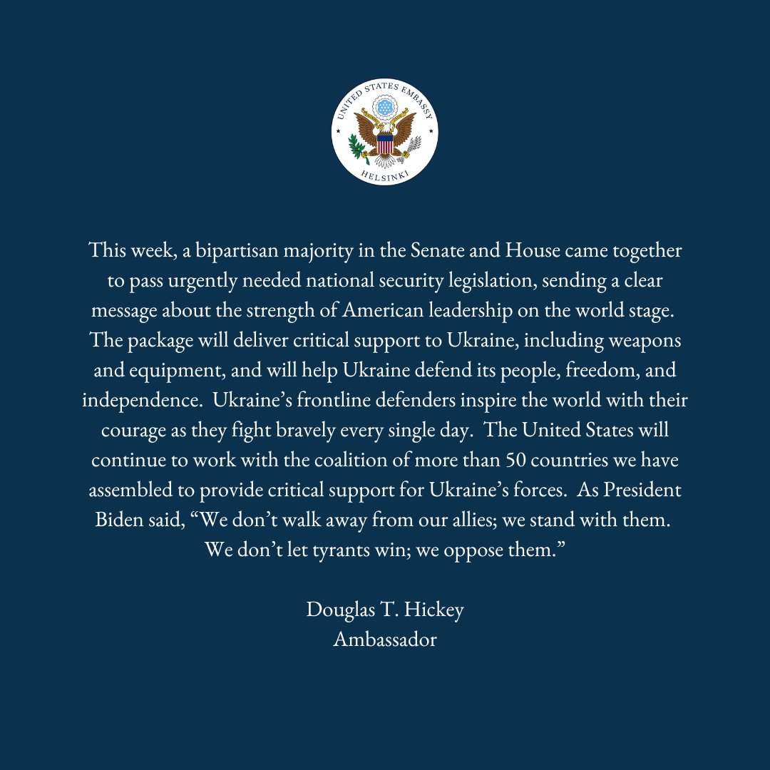 Ambassador Hickey’s statement on national security legislation to support Ukraine. #UnitedWithUkraine