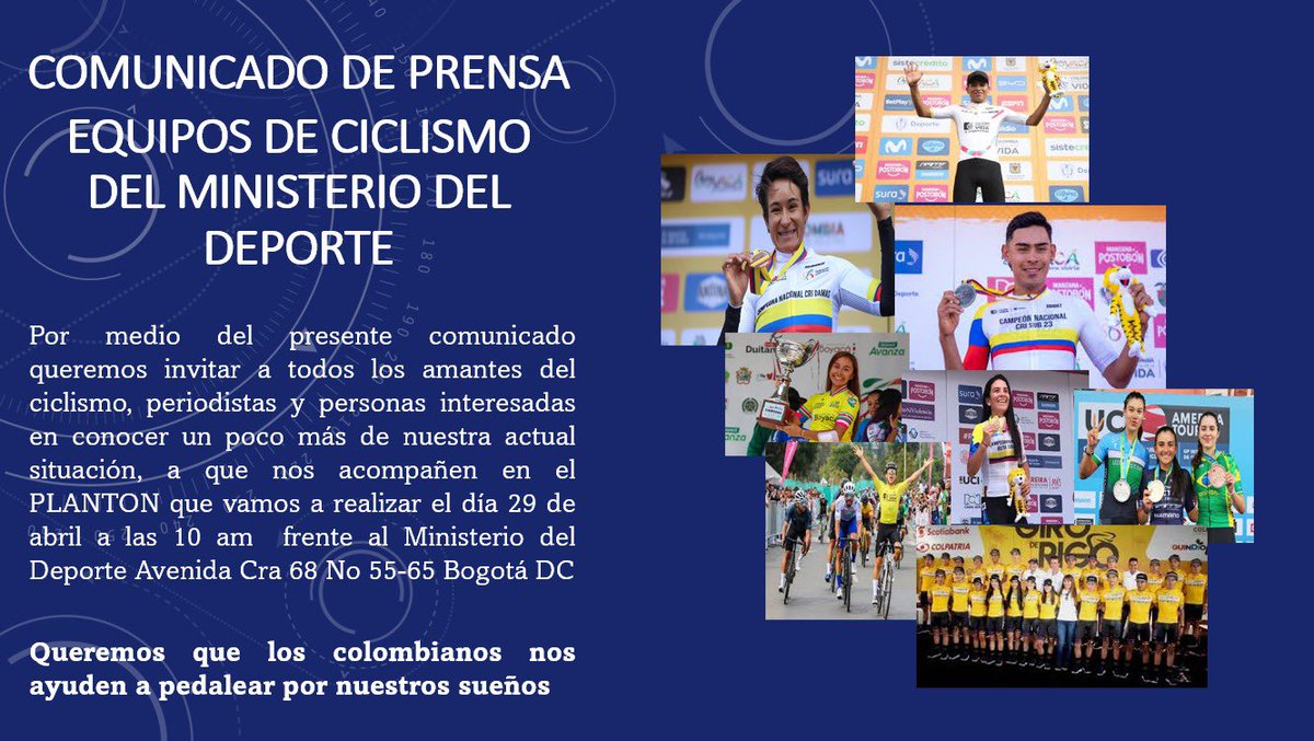 🚨 Apóyenos!!!!

Este lunes 29 de abril a las 10 am se realizará un plantón por parte del equipo de ciclismo del ministerio, donde se espera la asistencia de periodistas, deportistas y las personas que quieran apoyar, el tema será la actualidad y el futuro del equipo.