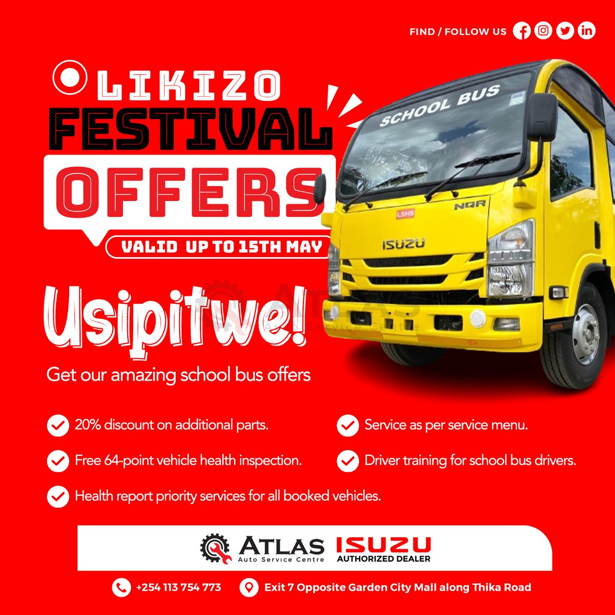 LIKIZO FESTIVAL OFFER IS ONGOING! Gear up for the ultimate ride with our Iikizo Festival Offer!🚗📷 we're rolling out the red carpet for your ride.Don't miss out—book your slot today! 📷📷#howcanwehelp #garage #ISUZU #IikizoFestival #SpecialOffer #DriveSafe #AthiRiver #flooding