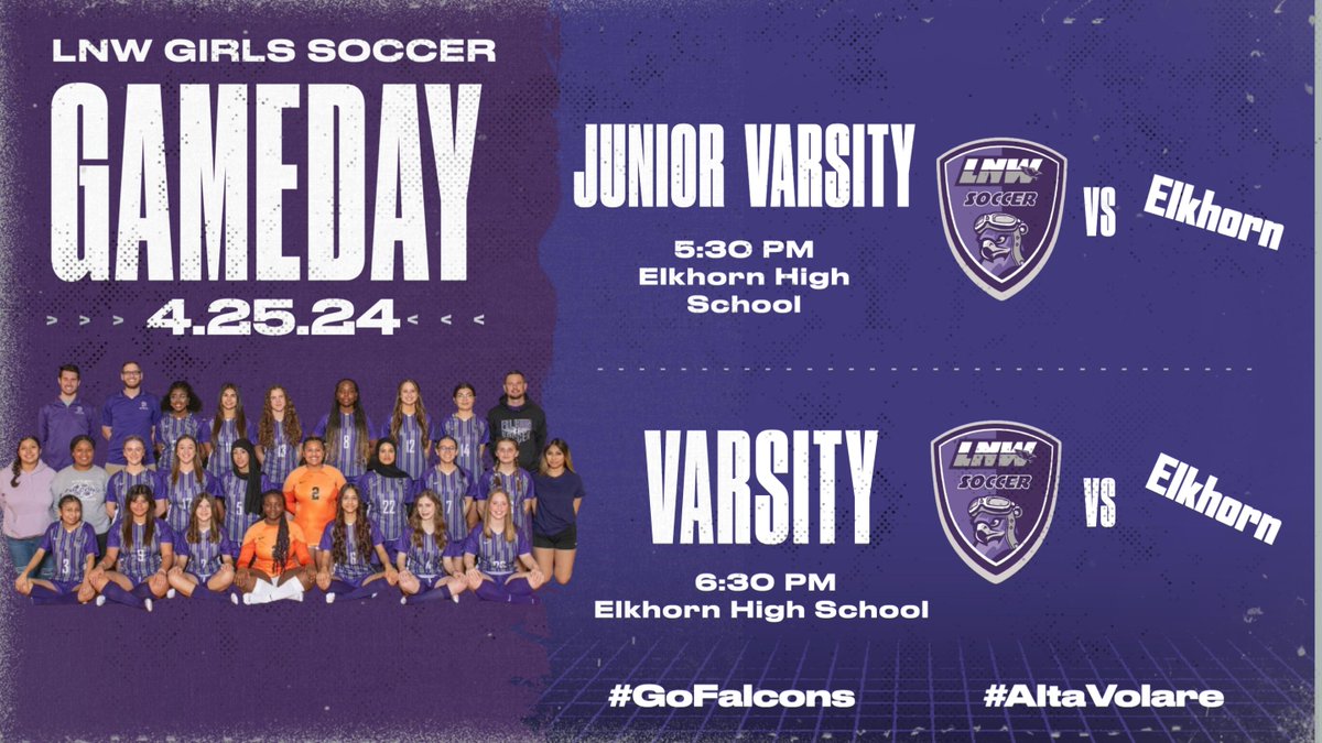 Today’s graphic features our 2024 Varsity Squad! 

GAME DAY 14
🆚 Elkhorn
⏱️ 5:30 PM / 6:30 PM
📍Elkhorn High School

#GoFalcons⚽️
#AltaVolare