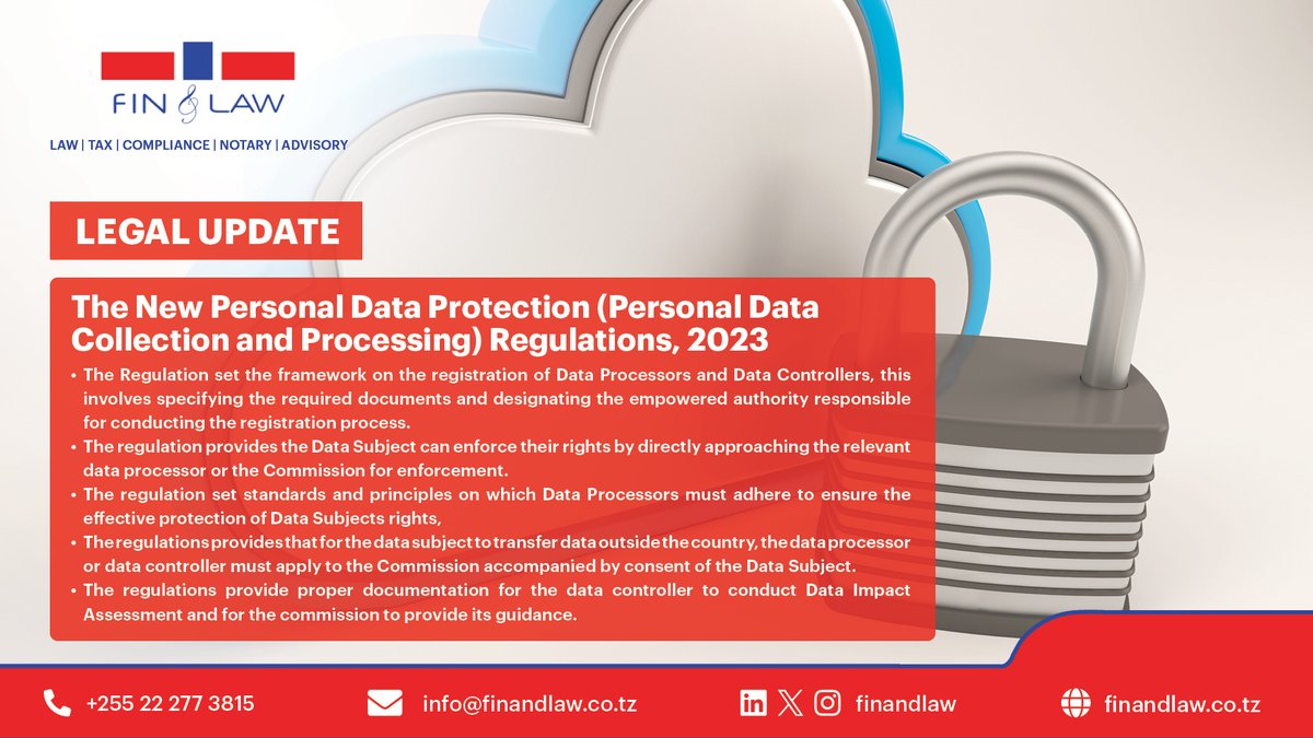 LEGAL UPDATE: Tanzania New Personal Data Protection (Personal Data Collection and Processing) Regulations, 2023 that set the framework for the registration of Data Processors and Data Controllers #dataprotaction #privacylaw #personaldata #datacollection #dataprocessing #finandlaw