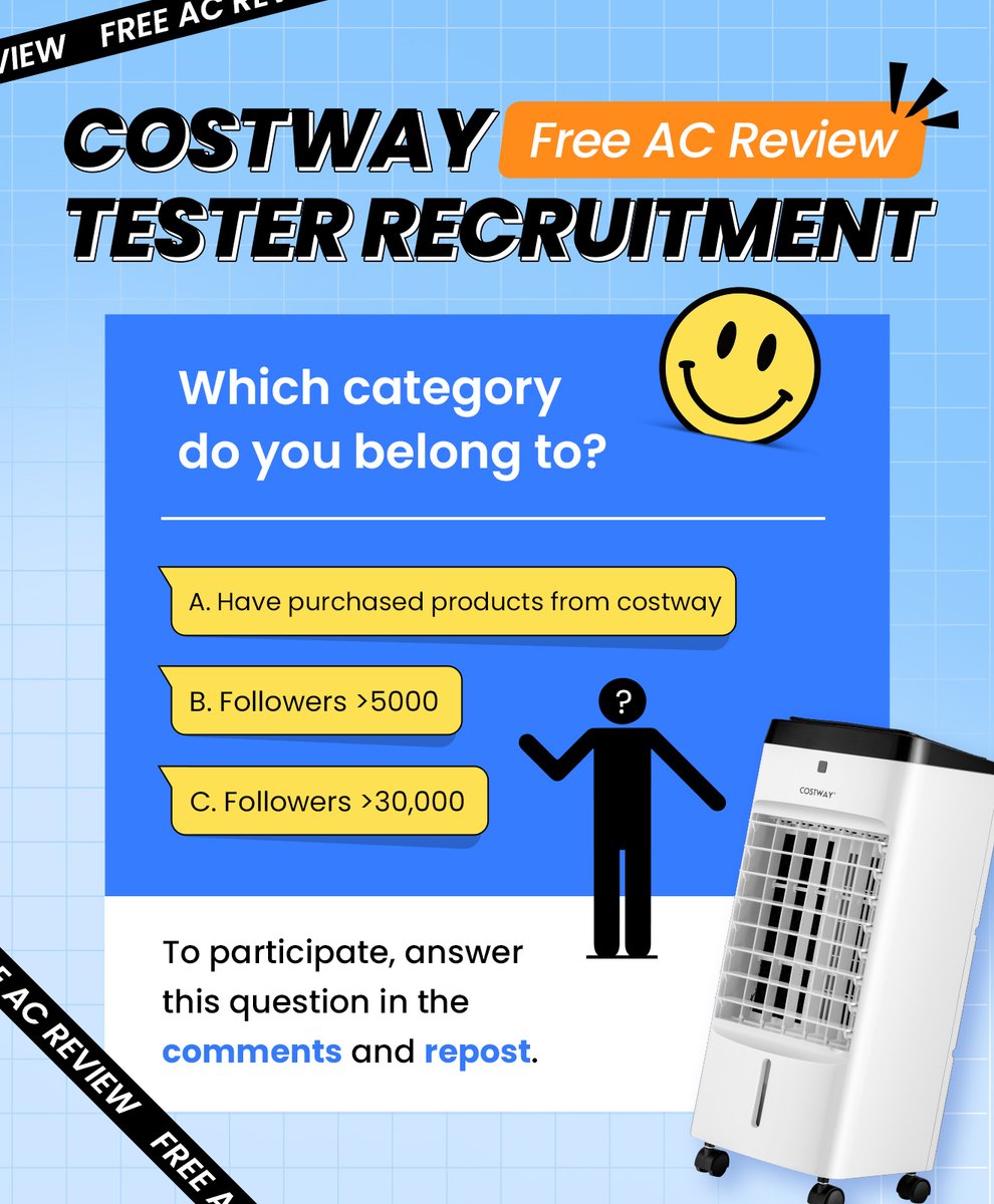 Costway_com's tweet photo. 🥳𝗙𝗿𝗲𝗲 𝗺𝗼𝗯𝗶𝗹𝗲 𝗮𝗶𝗿 𝗰𝗼𝗻𝗱𝗶𝘁𝗶𝗼𝗻𝗶𝗻𝗴? 
❤️We invite you to be #costwaytester.

Ways to join:
1. Follow &amp; Retweet
2. Answer the poster question. If you are B or C, please mark the platform + ID, e.g.: twitter@costway

#reviews #producttester #entertowin #Freebies https://t.co/CgSCmxD9UE