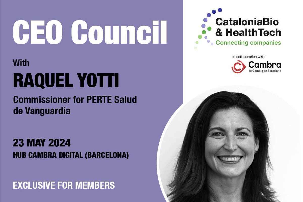 🟢 AGENDA | The next CEO Council's guest is @RaquelYotti, Comissioner for #PERTE_SaluddeVanguardia (@CienciaGob) For the CEOs, founding partners & board members of #WeAreCataloniaBioHT members 👉🏻 tuit.cat/6pZFj 🗓️ 23 May, 17-19h 📍 Hub @CambraBCN