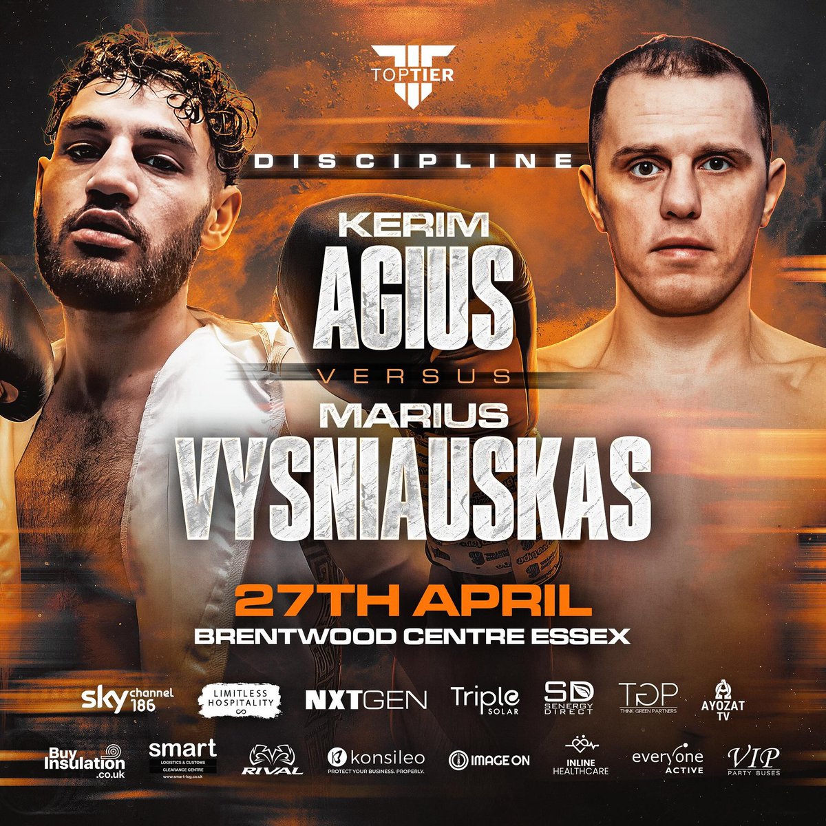 AYOZATFIGHT's tweet photo. Kerim Agius and Hamzah Butt are pulling on their gloves and getting into the ring in Top Tier: Discipline LIVE on April 27th!

Watch online from 5pm on https://t.co/HF9K96XF1V ch 102
Watch the main card from 7.30pm on Sky 186 &amp; https://t.co/HF9K96XF1V ch 101 &amp; 102
@_toptierboxing https://t.co/Ohiu7jjEfI