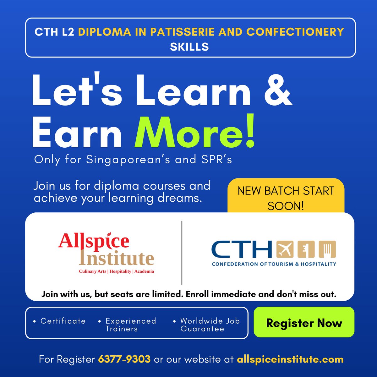 allspicesg's tweet image. 🍰✨ Explore the Art of Patisserie and Confectionery at  #AllspiceInstitute🍬🎓
Indulge your passion for sweet creations with our CTH L2 Diploma in Patisserie and Confectionery Skills! 🎂
📣 Enroll Now!
✆ +65 6377 9303
🔗 allspiceinstitute.com

#PatisserieDiploma  #PastryArts