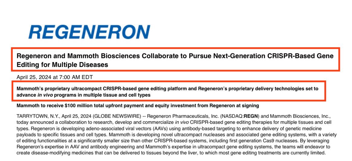 1/WOW! Another huge Pharma & biotech agreement! $REGN & @mammothbiosci today announced a collaboration to research, develop & commercialize Mammoth’s in vivo CRISPR Gene Editing therapies for multiple tissues and cell types & @Regeneron adeno-associated viral vectors (AAVs). $XBI