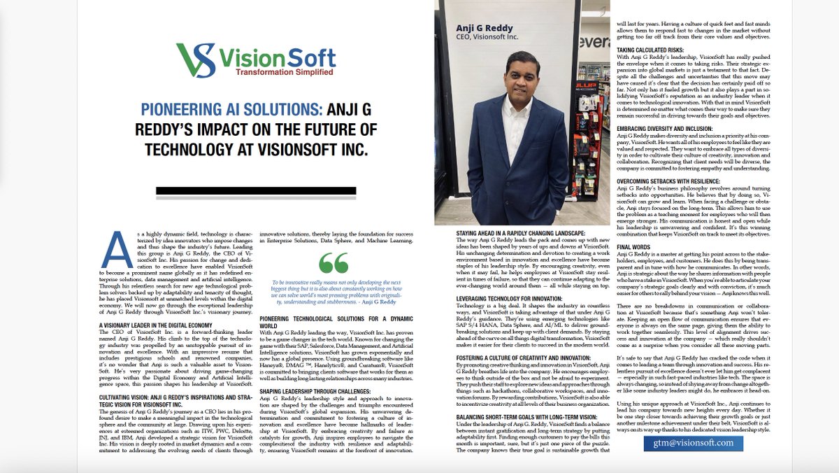 Visionary Leader Anji Reddy is transforming VisionSoft! 

#Innovation #VisionaryLeader #DigitalEconomy #american #SAP #Awards #Leadership #CEO #Business