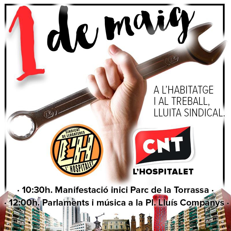 Un any més, Primer de maig a #LHospitalet 🔸10:30h MANIFESTACIÓ Inici al Parc de la Torrassa 🔸12:00h PARLAMENTS I MÚSICA Plaça Lluís Companys #1deMaig