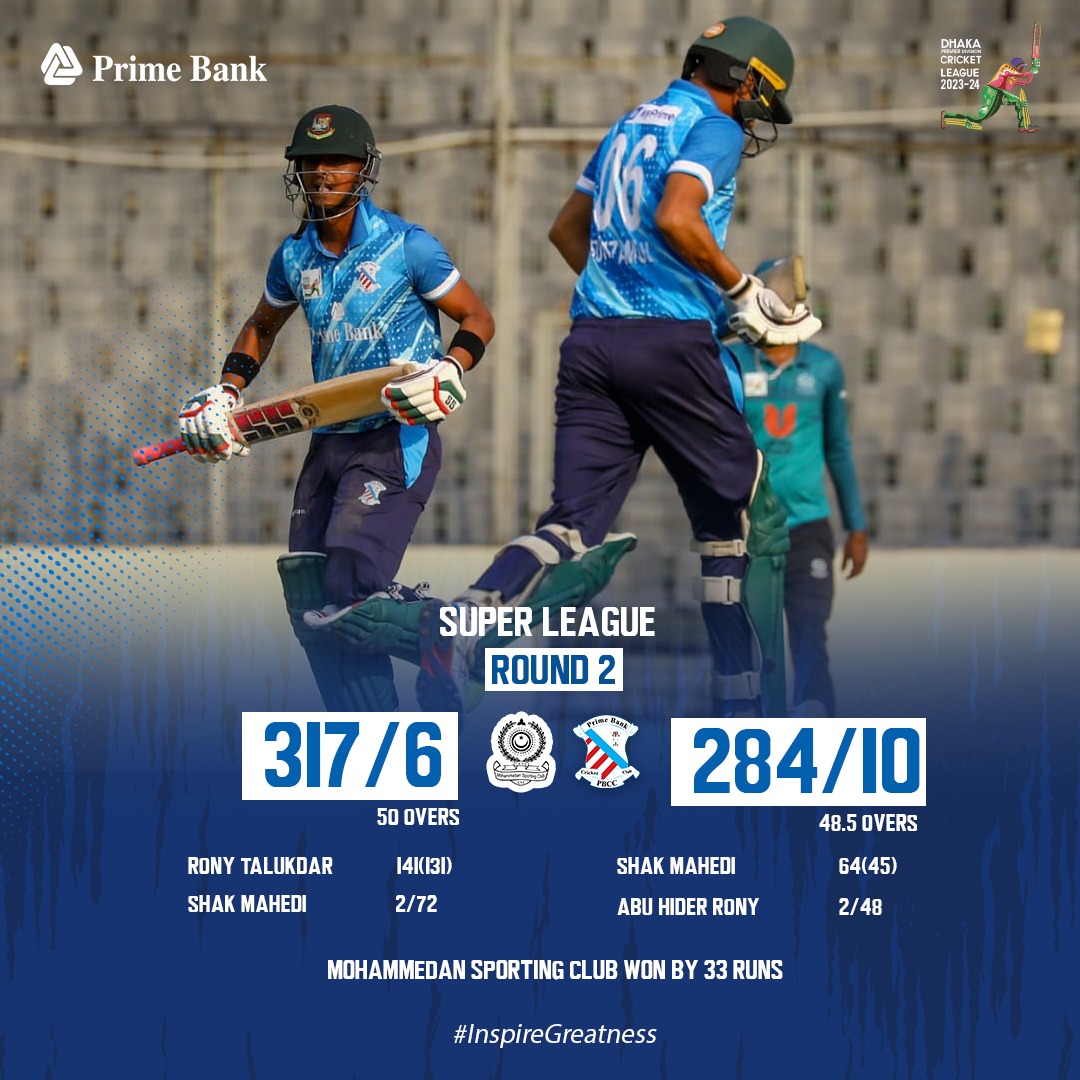 Final Result | PBCC: 284/10 (48.5 Overs) | Mohammedan SC won by 33 runs 😔 

Super League | Round- 2 | PBCC 🆚 MSC | DPDCL 2023-24

#InspireGreatness #PBCCvsMSC