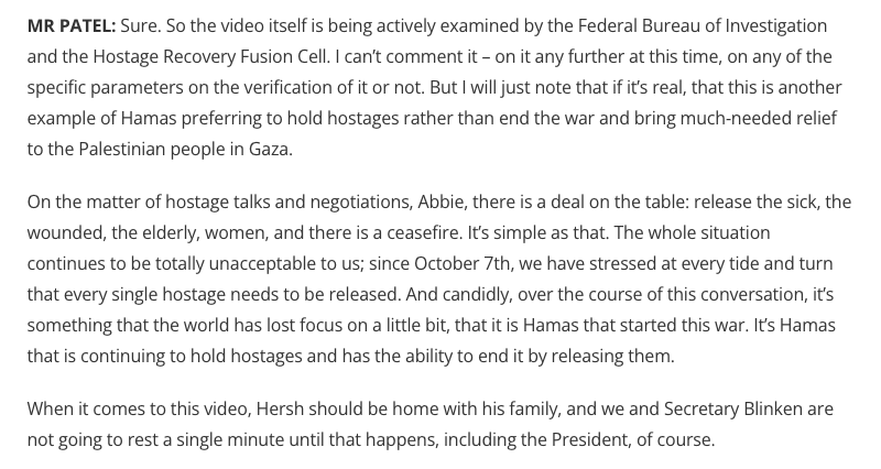 State Department: 'Candidly, over the course of this conversation, it’s something that the world has lost focus on a little bit, that it is Hamas that started this war. It’s Hamas that is continuing to hold hostages and has the ability to end it by releasing them.'