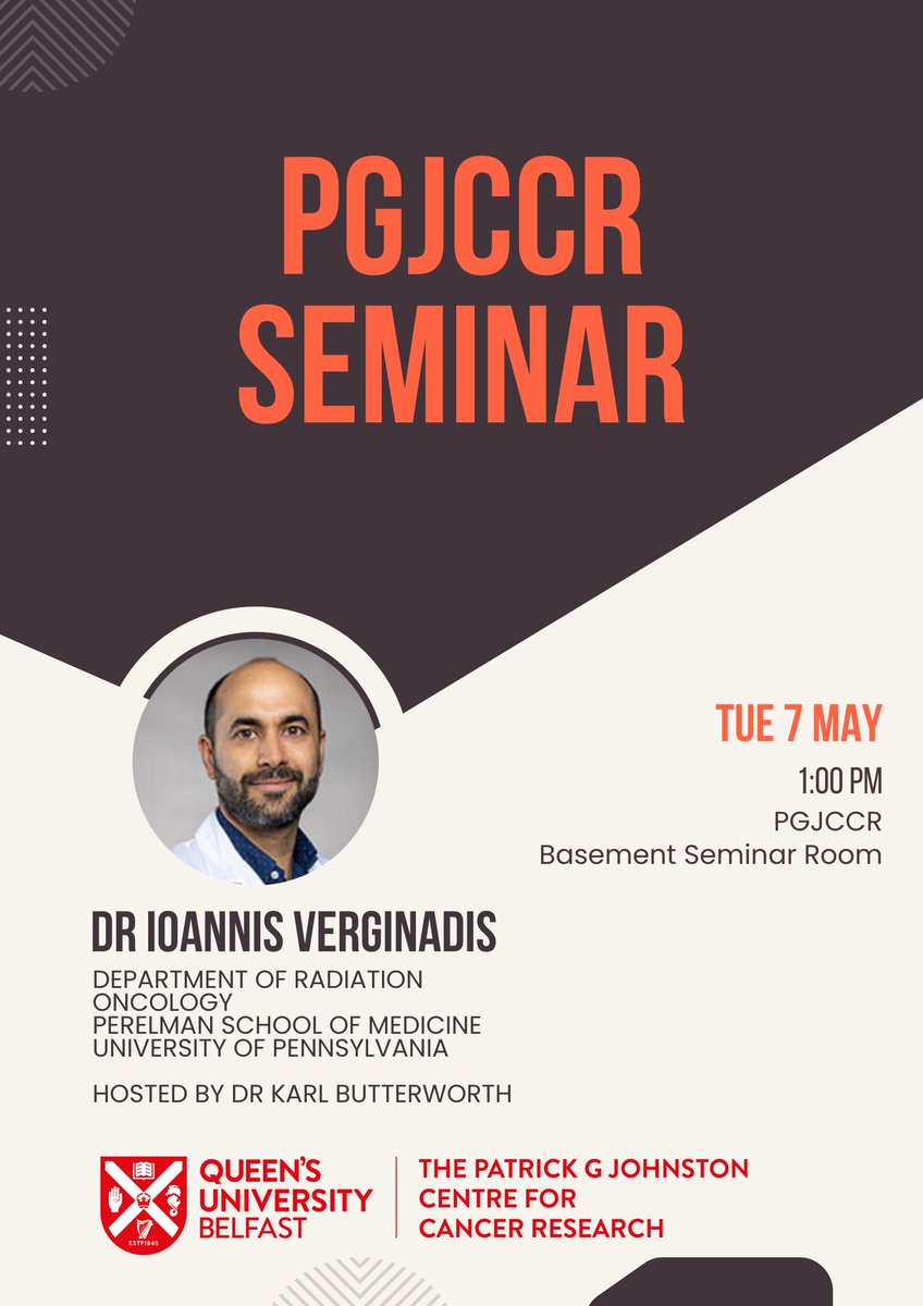 Join us for a PGJCCR Seminar with Dr Ioannis Verginadis from @PennRadOnc on Tue 7 May at 1pm! Hosted by @K_Butterworth in the PGJCCR Basement Seminar Room, all are welcome and free to attend!