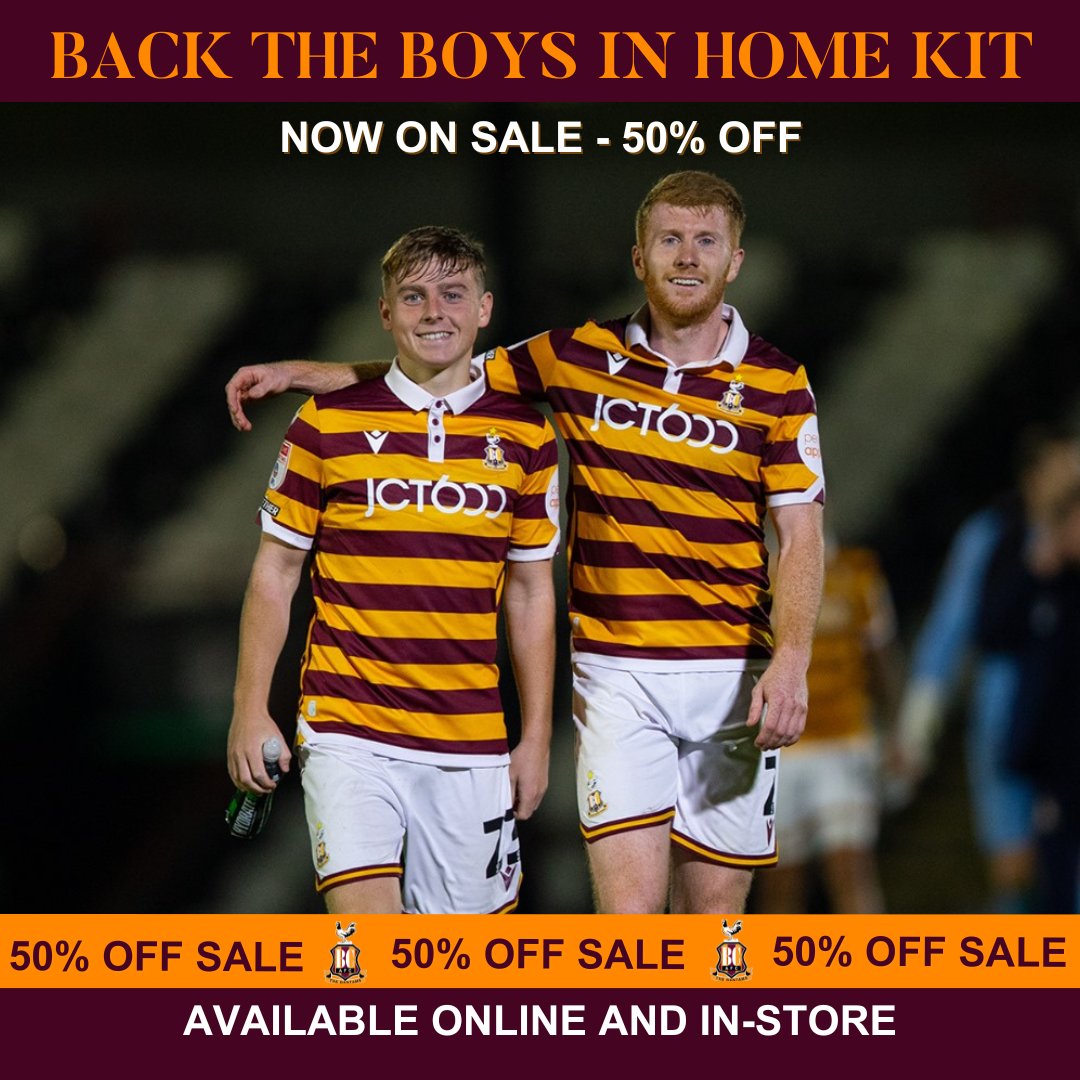 ⚽👕 Get matchday ready with our 23/24 home kit – now 50% off online and in-store! Show your support for the Bantams in the colours that unite us all. Shop Online: bantamsdirect.co.uk/collections/ho… #BCAFC #HomeKit