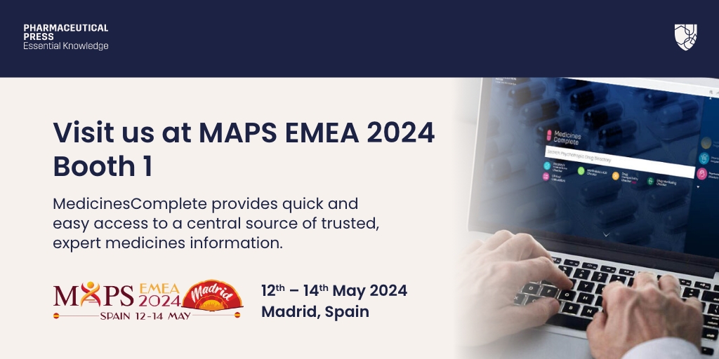 We’re excited to announce we are exhibiting at @MAPSmedaffairs Madrid, 12th- 14th May 2024. Visit Booth 1 to learn how MedicinesComplete provides quick and easy access to a central source of trusted medicines information. Book a meeting: bit.ly/3JBytBo #MAPSEMEA2024