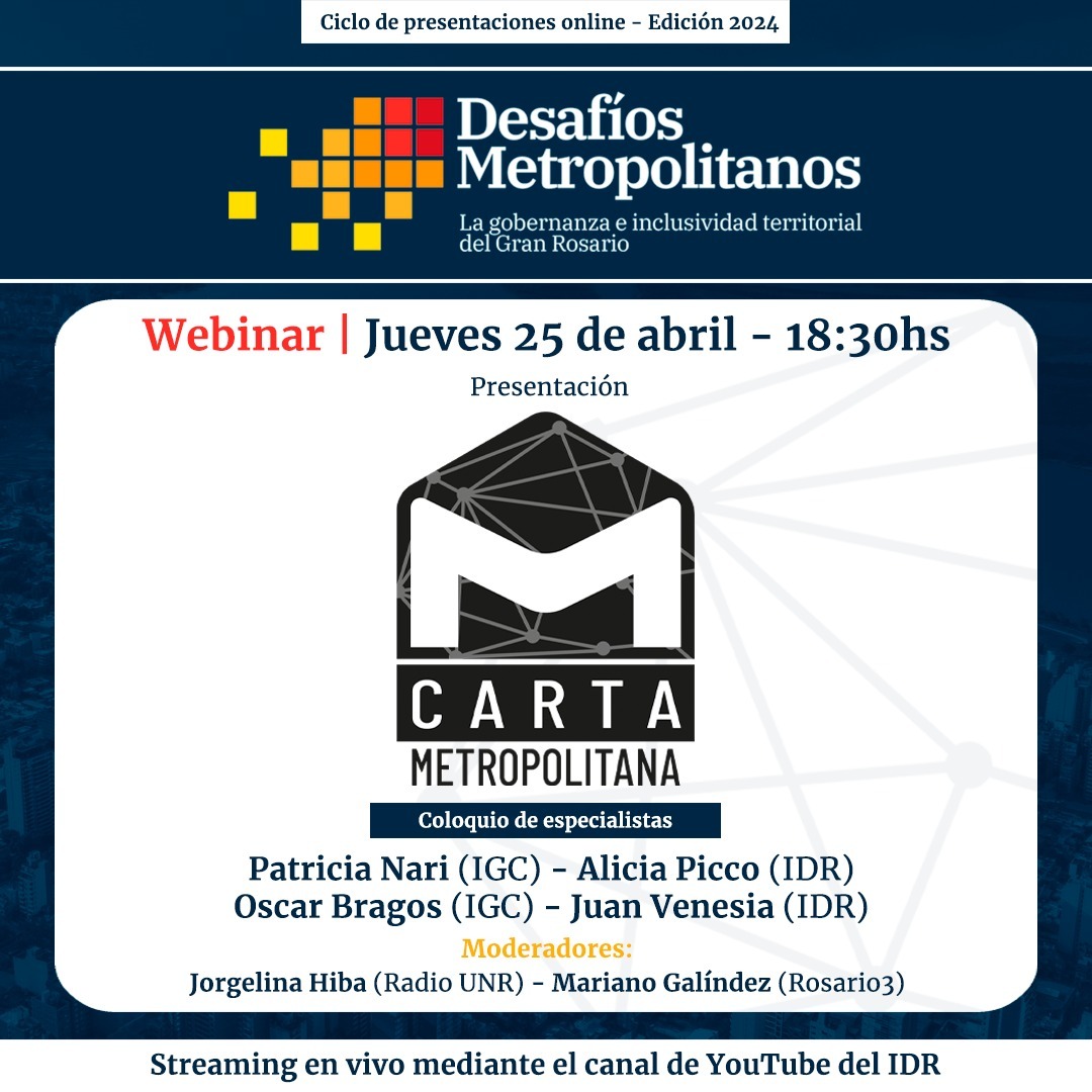#Hoy presentamos #CartaMetropolitana, un ámbito de búsqueda de las soluciones que las áreas metropolitanas requieren hacia el desarrollo regional.

👉Organizan: <a href="/IDR_Ros/">Instituto de Desarrollo Regional de Rosario</a> e <a href="/IGC_rosario/">Instituto de Gestión de Ciudades</a>

⏲️18:30 hs.

📺Miralo en vivo youtube.com/watch?v=uY89JK…

Documento Base: bit.ly/carta_metro