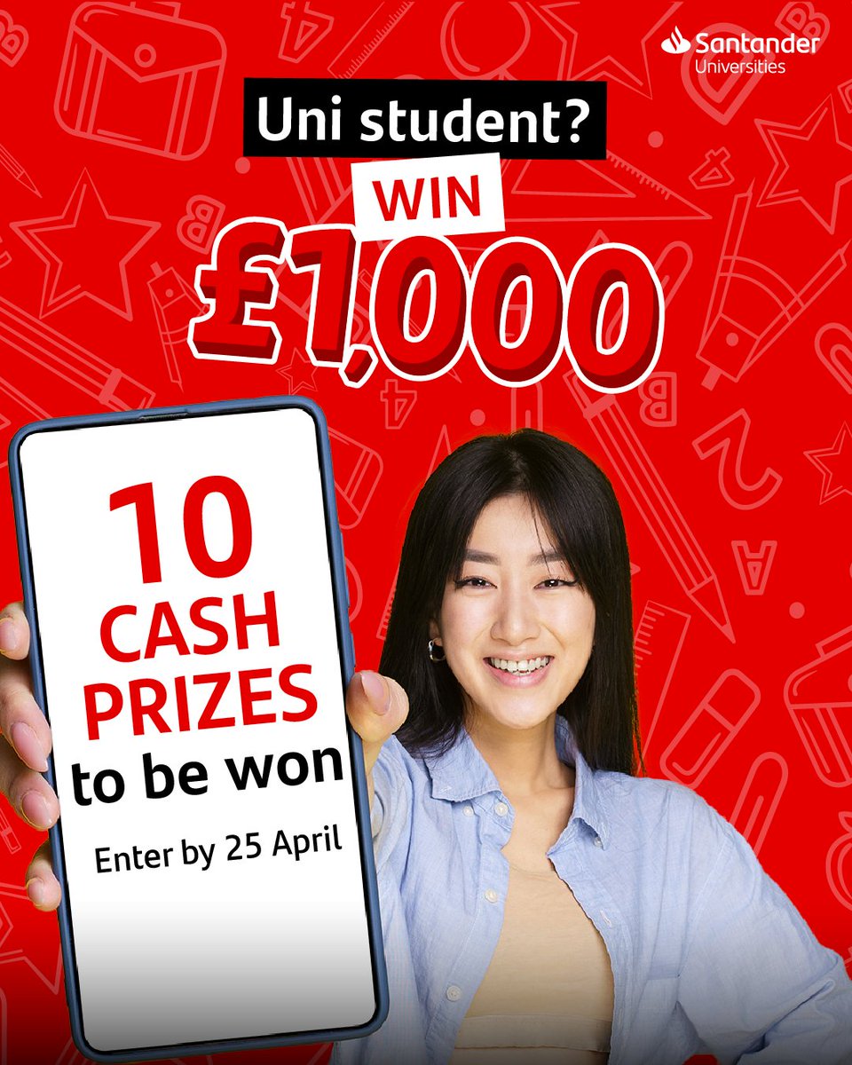 Santander are giving UK uni studens the chance to win 1 of 10 lots of £1,000! Visit the Santander Open Academy platform and register a free account; confirm your email; then submit your application. Enter by 11.00pm on 25 April ➡️ hud.ac/rrg #10kCashPrizeDraw24