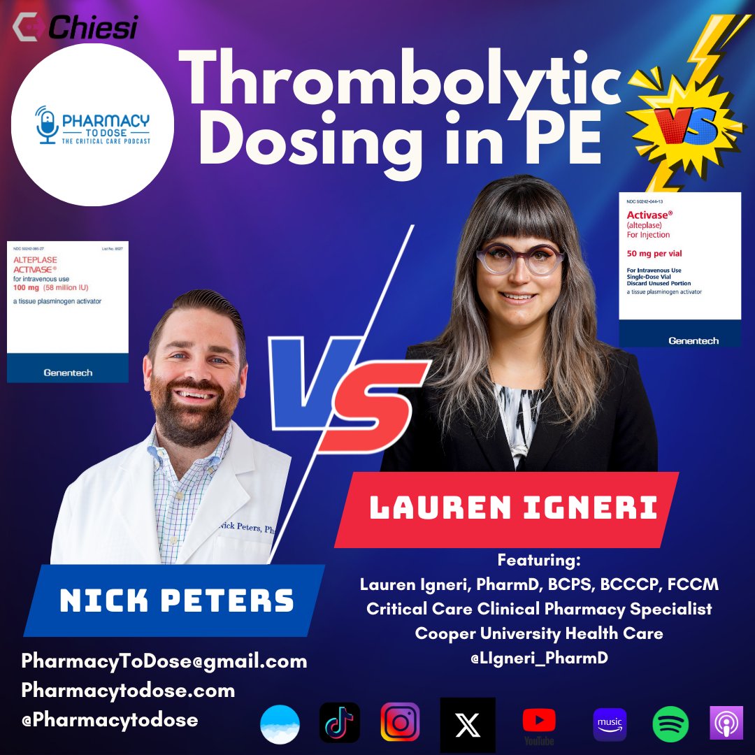 🚨NEW POD ALERT 🚨 Thrombolytic Dosing in PE: Versus Series Ft. Lauren Igneri @LIgneri_PharmD Debating whether full or reduced dose thrombolysis is preferred in: -High-risk PE 🫁 -Intermediate-risk PE 🩸 -Cardiac arrest 🫀 And a bonus round trying to decide our preferred…