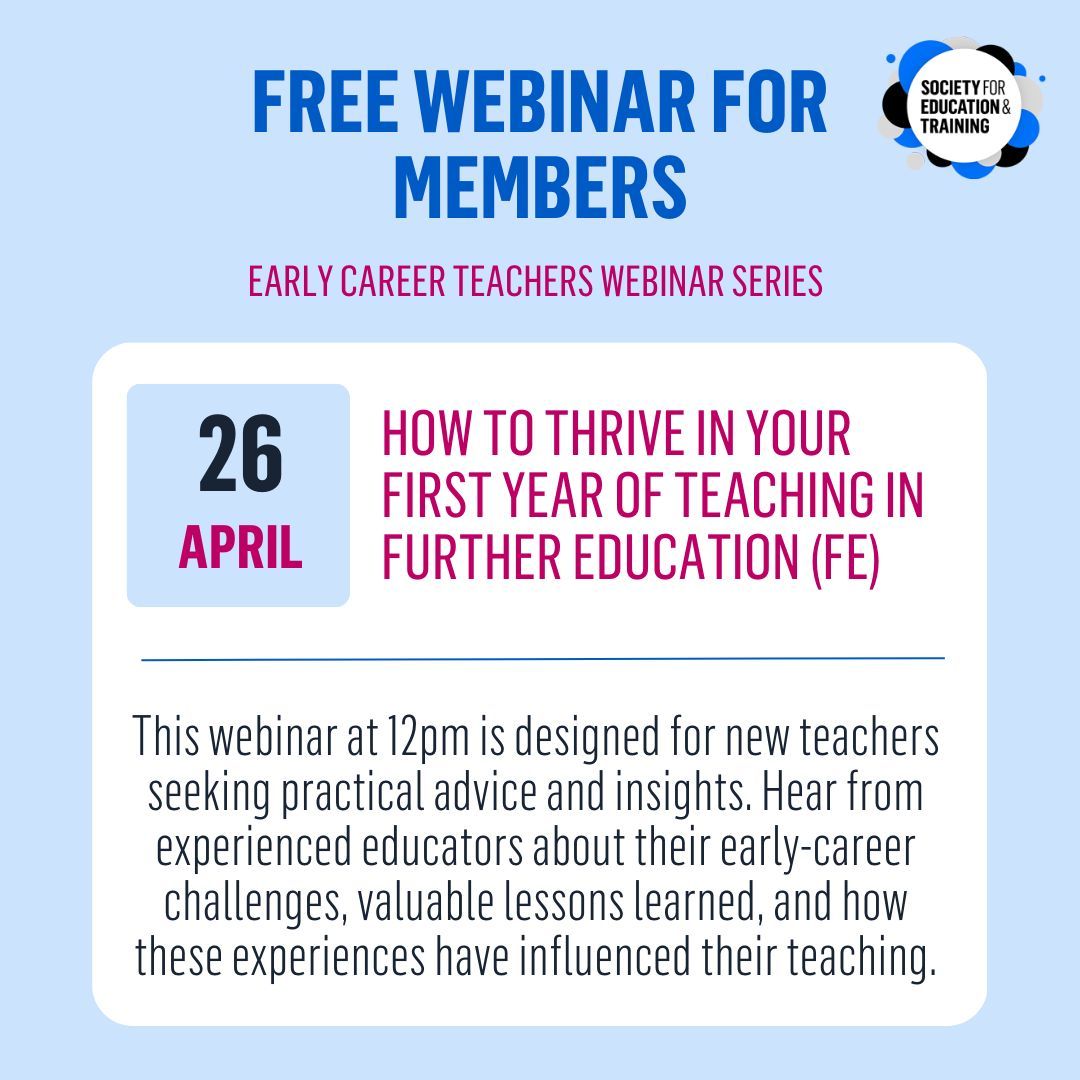 FREE webinar for members tomorrow 🤩 Join us for our second support webinar specifically aimed at newly qualified educators and those in the early stages of their Further Educations and Skills career. 📅 26 April 🕛 12pm Book your place - buff.ly/4dd0tIY