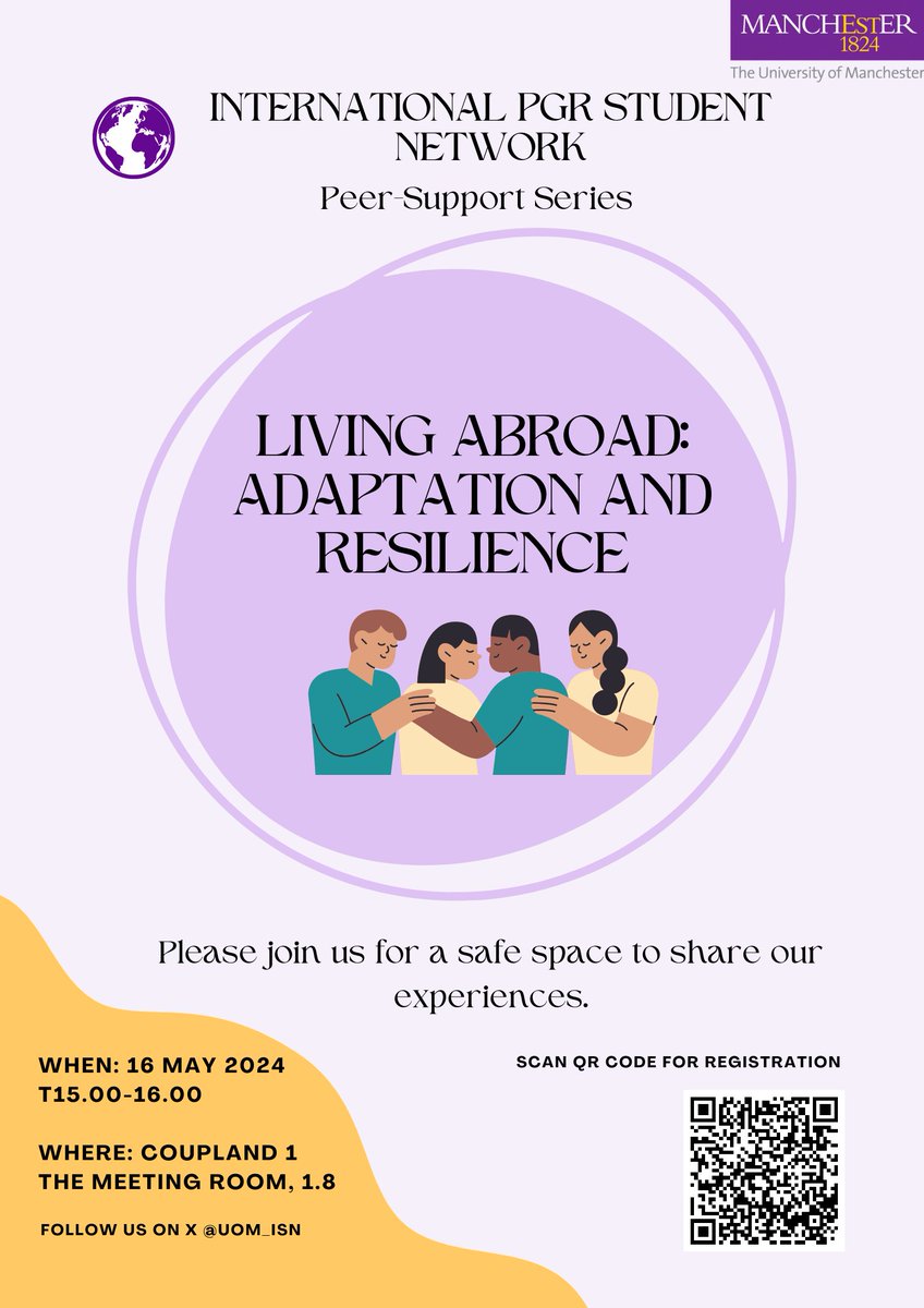 !!! International PGR students at the University of Manchester!!!

International PGR Student Network is excited to announce our second peer support session on May 16th. If you are looking for a supportive community, join us to build a safe space for each other!