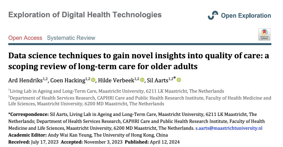 Check out our latest #Review  on #data #AI #longtermcare #qualityofcare @AWOLimburg 

All credits to Ard Hendriks, who was a masterstudent at the time, for his persistence and determination. 

explorationpub.com/uploads/Articl…