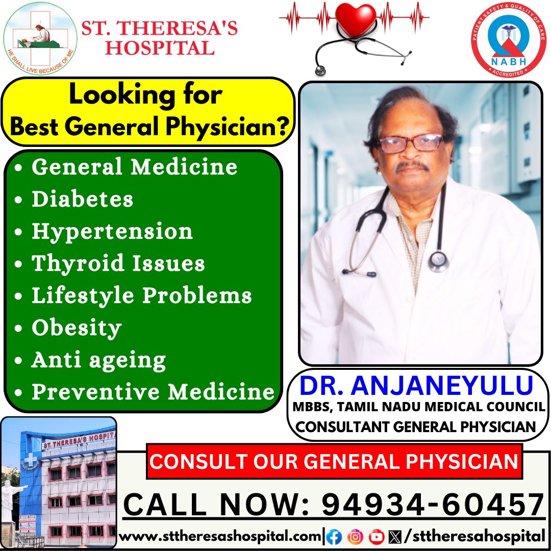 For Best General Physician?

CONSULT OUR GENERAL PHYSICIAN NOW

👉 For Appointment call us on: 9493460457
👉For More Details Do Visit: sttheresashospital.com

#sttheresahospital #GeneralPhysician #DoctorLife #HealthcareProvider #MedicalConsultation #PrimaryCare #FamilyDoctor