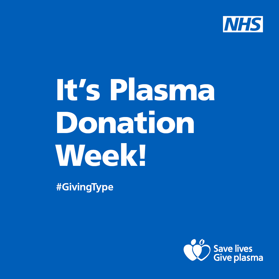 It's Plasma Donation Week, celebrating the amazing community of 8,000 plasma donors! Become a plasma donor and help make life-saving medicines for over 50 diseases. Donating plasma is as easy as giving blood and it takes around an hour. Book at blood.co.uk