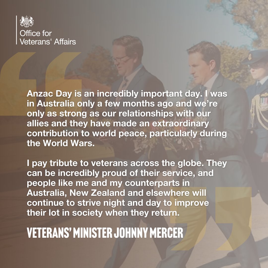 Today is #AnzacDay, when we remember those from Australia and New Zealand who lost their lives serving in the armed forces. Veterans’ Minister @JohnnyMercerUK has paid tribute to the lasting relationship between our nations. #WeWillRememberThem