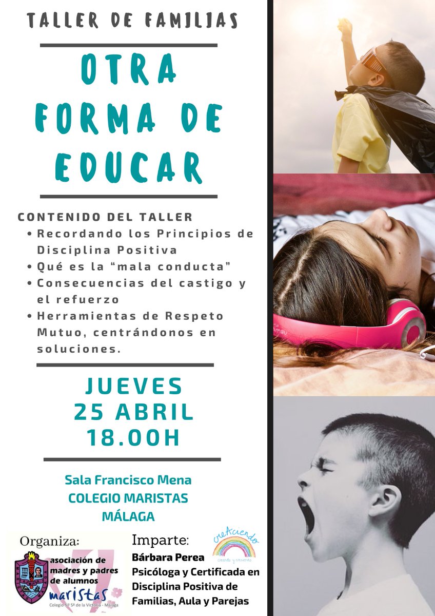 Desde <a href="/APAMARmalaga/">AMPA Maristas Málaga</a>  os invitamos al taller para familias "Otra forma de educar", impartido por la psicóloga Bárbara Perea hoy a las 18:00 horas en colegio <a href="/MaristasMalaga/">Maristas Málaga</a> . ¡No os lo perdáis!