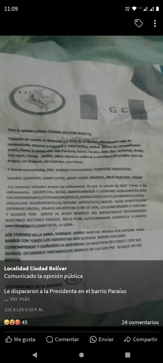 Las amenazas siguen a los líderes de Ciudad Bolívar En esta ocasión un nuevo panfleto donde aparecen Barios líderes sociales y defensores de derechos humanos lo preocupante es que ya le dispararon a uno  de la lista ,  y también  es hijo de la Presidenta que aparece en la lista