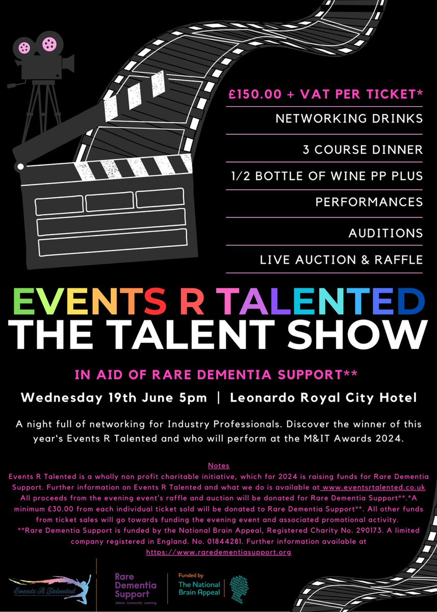 To all the lovely #eventprofs out there. The <a href="/Eventsrtalented/">EventsRTalented</a> team are delighted to announce that individual tickets for our Show in aid of <a href="/RareDementia/">RareDementiaSupport</a> are on sale now. 
Don't miss out, contact <a href="/Perceptionsmgt/">Ken Findlay</a> <a href="/mattcurran/">Matthew Curran</a> Paul Tidy or <a href="/GraemeSaunders7/">Graeme Saunders</a>  to secure your ticket.