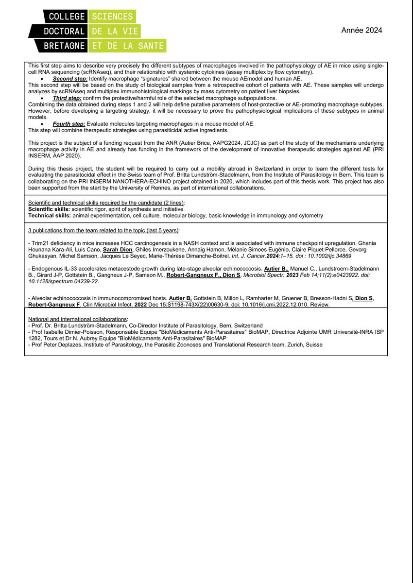 PhD offer at Irset - Inserm UMR_S 1085 (Research Institute for Environmental and Occupational Health), Team 2, Infection, Immunity and Environmental Factors in Liver (2IFEF) - Rennes (Brittany - France)

Apply before May 31 by email to sarah.dion@univ-rennes.fr
