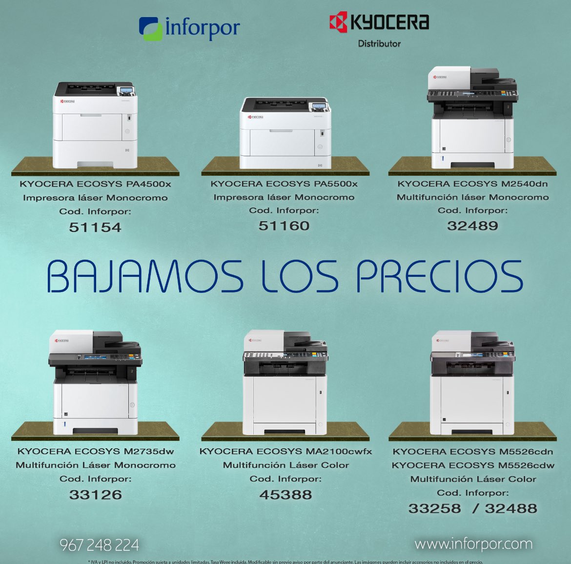 Grandes noticias! 📣 Hemos bajado los precios en equipos @KYOCERA_DS_ES.   Calidad y eficiencia ahora más asequibles. Perfectas para todas las necesidades de impresión.   ¡No pierdas esta oportunidad, descubre la diferencia Kyocera hoy! 👉tienda.inforpor.com/search?cmp=116