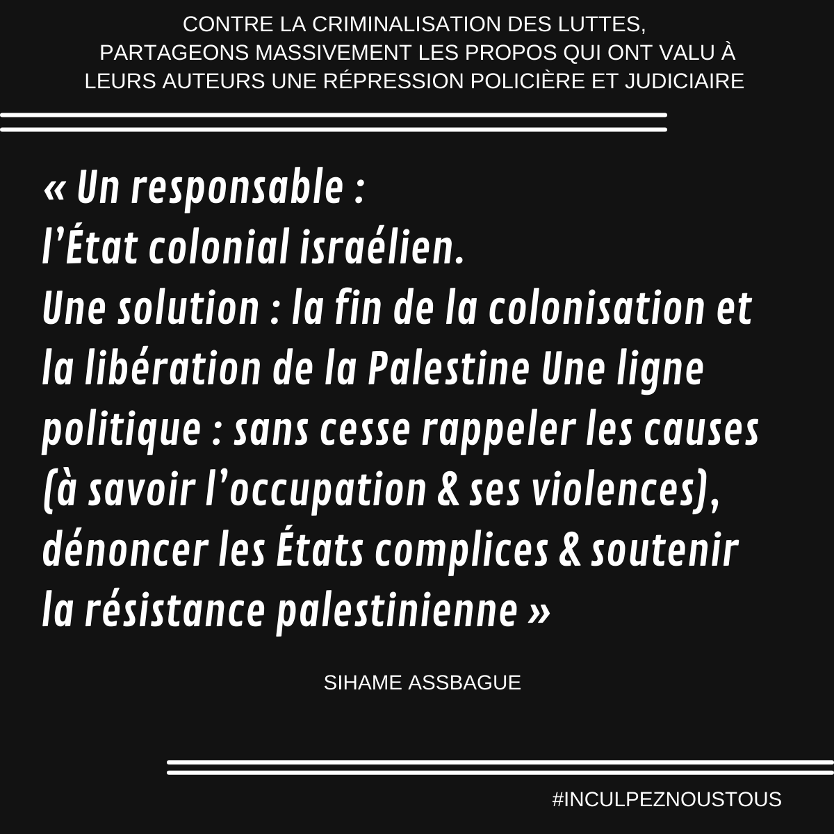 <a href="/SELA_CGT_NORD/">SELA CGT NORD</a> @cgt_drfip59 <a href="/AnasseKazib/">Anasse Kazib</a> <a href="/RevPermanente/">Révolution Permanente</a> <a href="/FiAssemblee/">La France Insoumise #NFP à l'Assemblée</a> <a href="/USM_magistrats/">Union syndicale des magistrats USM</a> <a href="/syndicatavocats/">Le SAF</a> <a href="/LDH_Fr/">LDH France</a> <a href="/UnionCoLib/">Union communiste libertaire</a> L'#UnionCommunisteLibertaire et ses groupes locaux sont disponibles pour toute initiative unitaire contre la répression en cours qu'elle soit dans les tribunaux ou dans la rue, il y a urgence ! #FreePalestine
<a href="/RimaHas/">Rima Hassan</a> <a href="/s_assbague/">Sihame Assbague</a> <a href="/MathildePanot/">Mathilde Panot</a> <a href="/Tomas_kbti/">Tomas Kebbati</a> <a href="/La_Psychotheque/">Ni de gauche ni 2 droites 🥊</a> <a href="/afpfr/">Agence France-Presse</a>